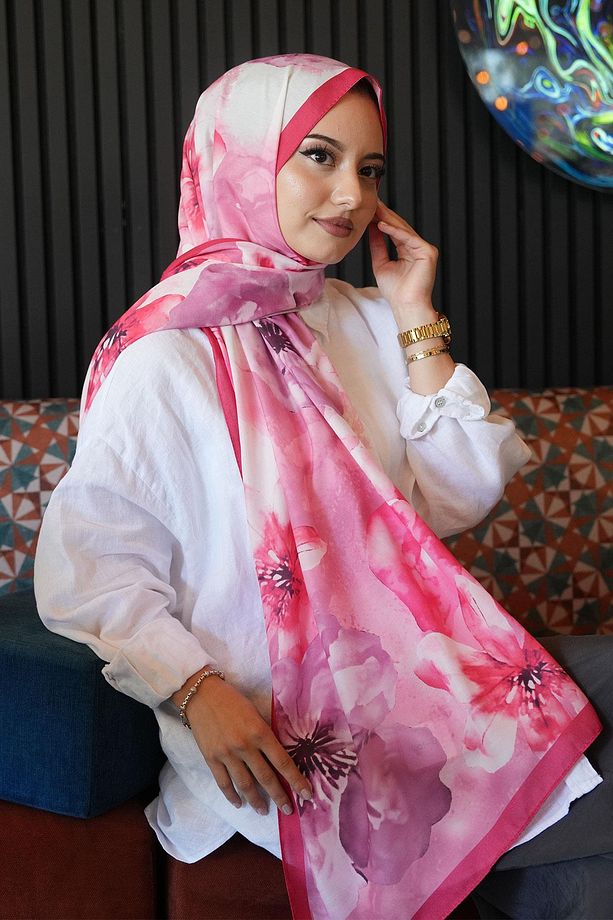 Manolya Çiçek Desen Kırmızı Soft Pamuk Şal - 4