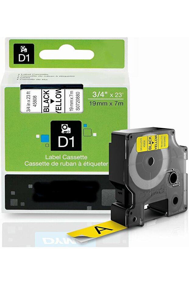 Dymo D1 45808 S0720880 19 mm Black Text Ribbon Label Cassette to Compatible Yellow Label