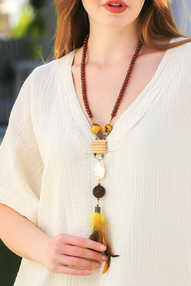 Tüylü Bohem Objeli Tasarım Kolye - 2