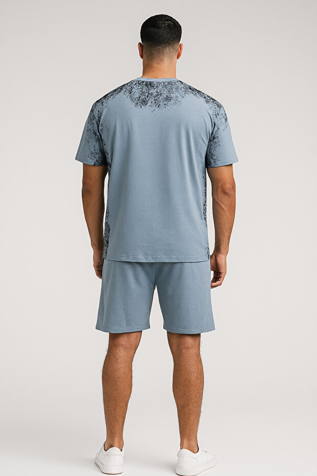 Blue Panel Printed Basic Men's Shorts Set - 2