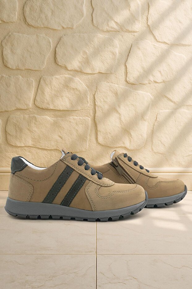 Genuine Leather Sand Zippered Lace-Up Boys' Sports School Shoes