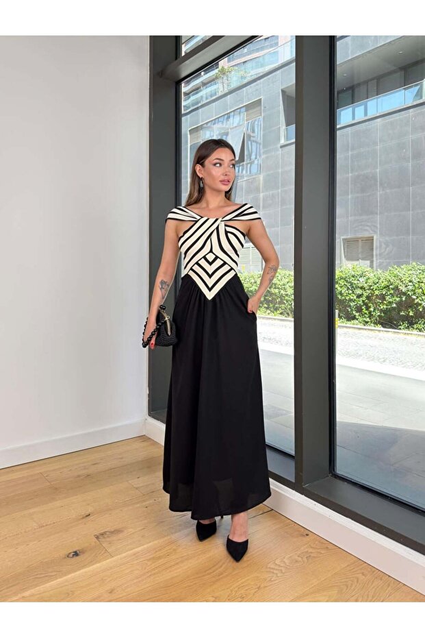 Cross Zebra Pattern Knitwear Detailed Back Low-Cut Dress – Chest Knot Detailed, Long and Stylish Model 149