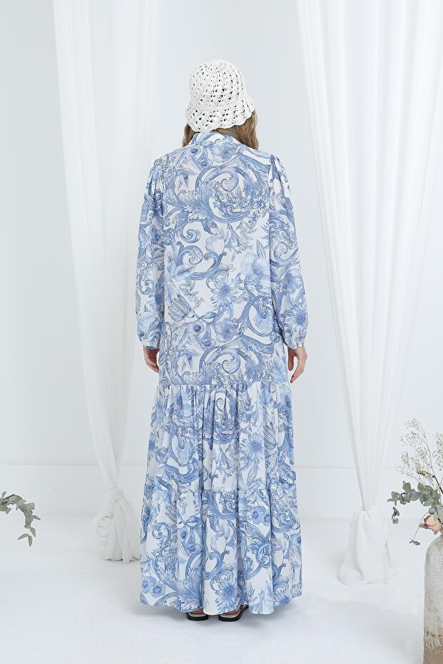 Çiçek Desenli Astarlı Elbise İndigo 12636 - 4