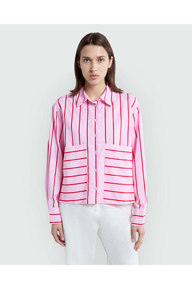 Popeline Stripe Blouse In Pink & Red By
