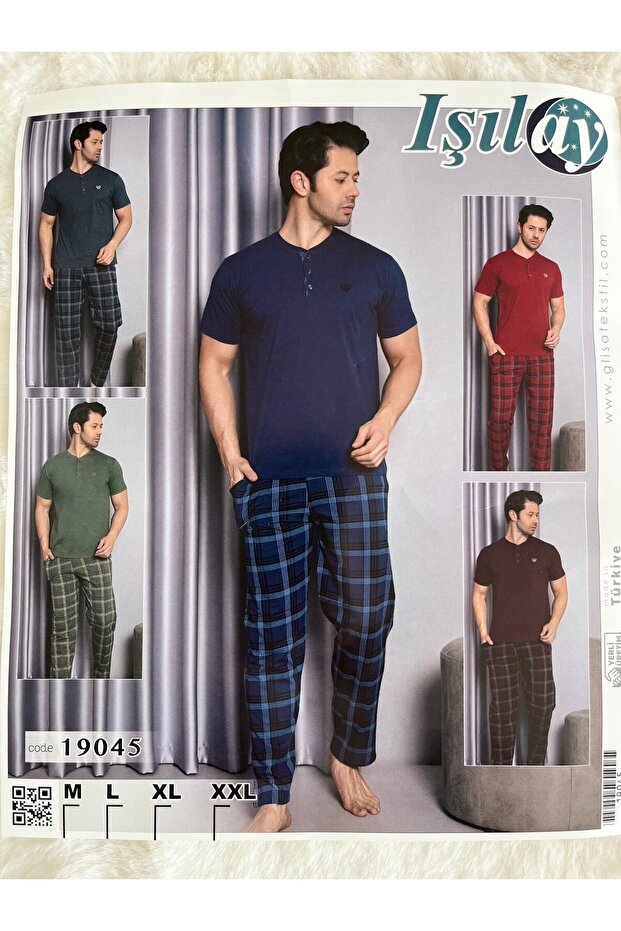 Kısa Kollu Altı Kareli Erkek Pijama Takımı - 1