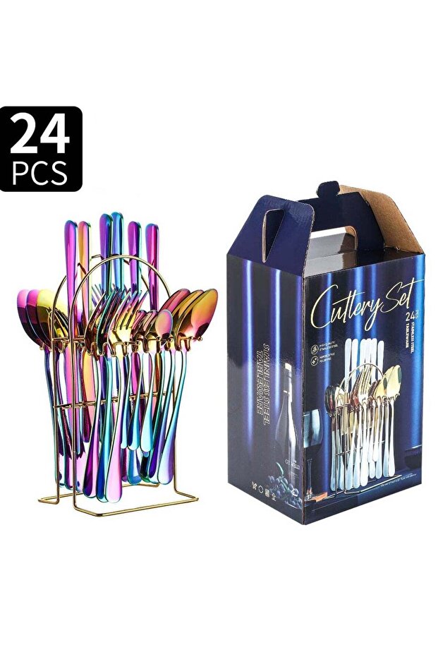 24-Piece Stainless Steel Cutlery Set with Stand Rainbow Finish