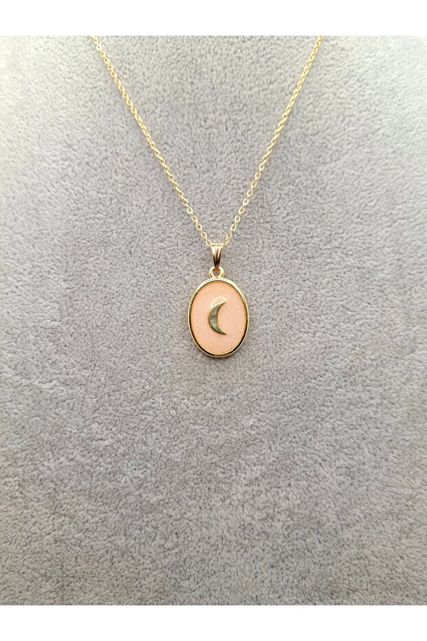 Gold Color Powder Pink Enamel Crescent Moon Model Necklace