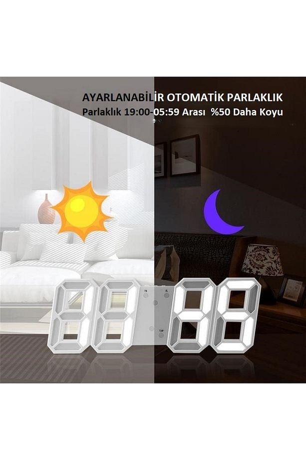 3D Dijital LED Masa Duvar Saati Alarmlı Gece Parlayan Çalar Saat Otomatik Parlaklık Büyük Rakamlı - 2