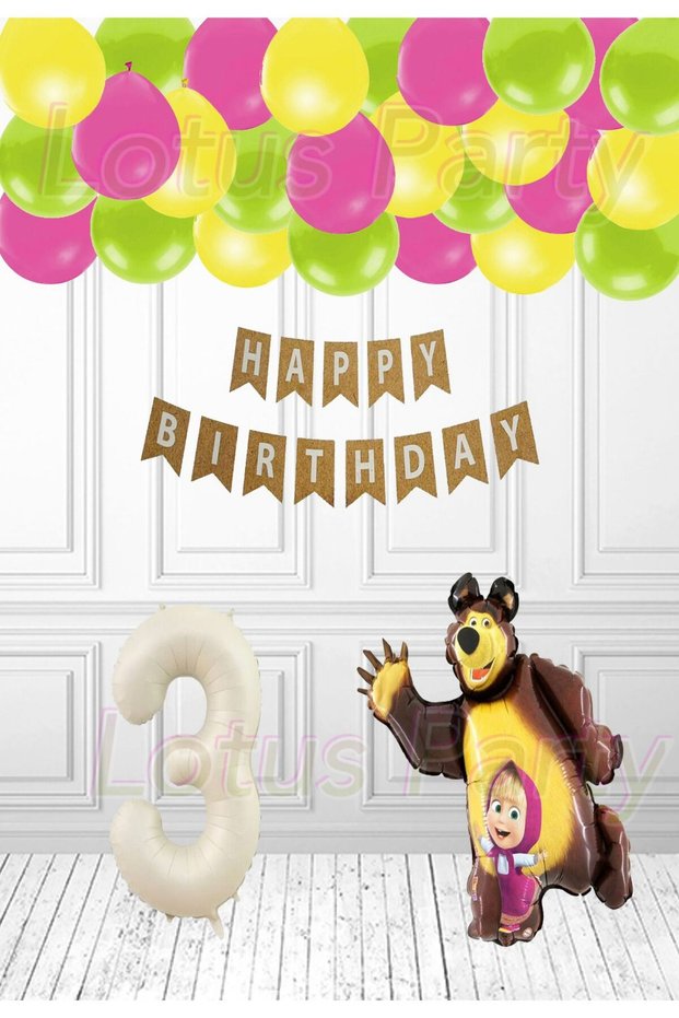 Concept Balloon Set with Age Licensed Tongs and Big Bear Foil Balloon Cream Number Yellow Green Fuchsia Balloon