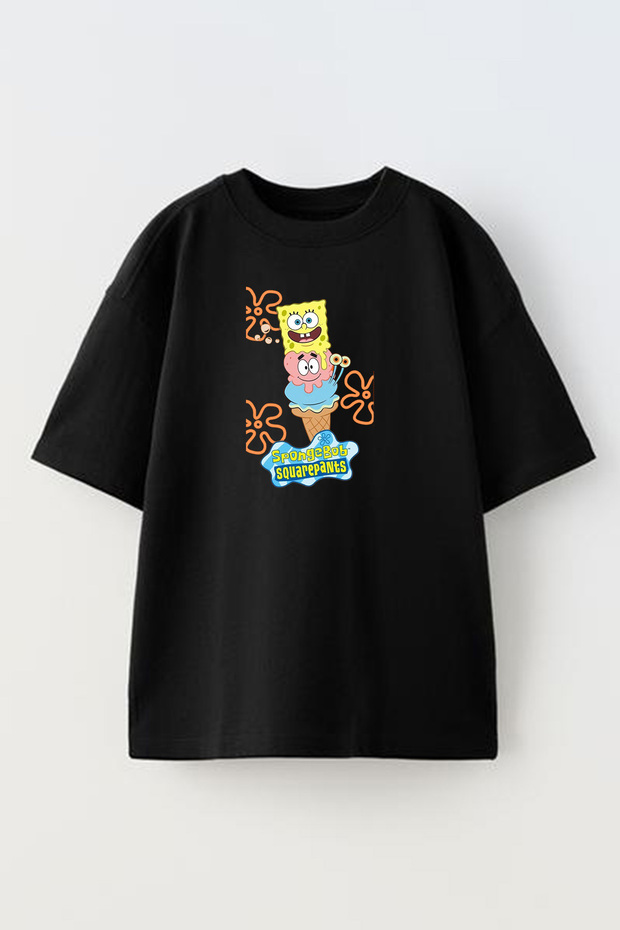 Unisex Black Oversize Cotton Spongebob Square Printed Knitted T-Shirt