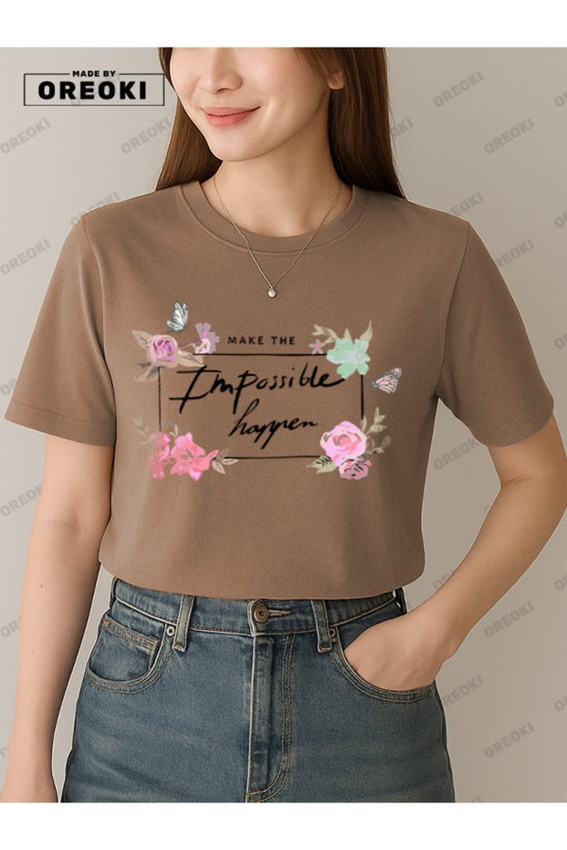 The Impossible Comes True Printed Cotton Fabric Girl Light Brown T-Shirt