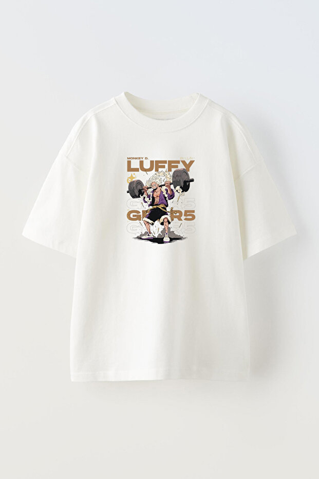 Unisex White Oversize Cotton Luffy Gym Printed Knitted T-Shirt