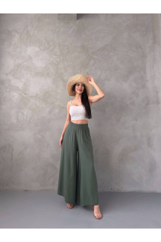 Women's Elastic Waist Wide Leg Casual Viscose Trousers