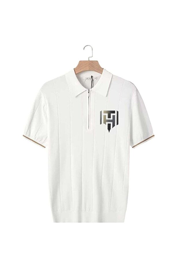 Men's Summer Polo Shirt – White, Half-Zip, Short Sleeve, Ribbed Texture Size M