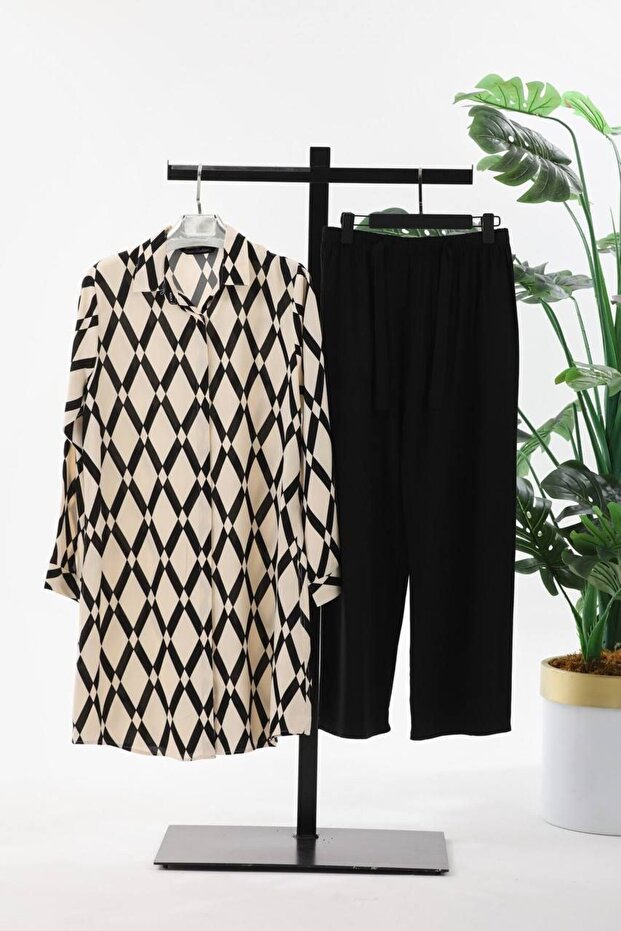 Black Beige Square Patterned Plus Size Viscose Tunic