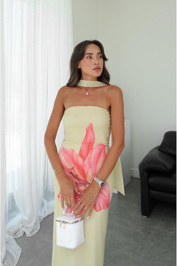 Açık Sarı Amaryllis Desenli Şallı Elbise - 6