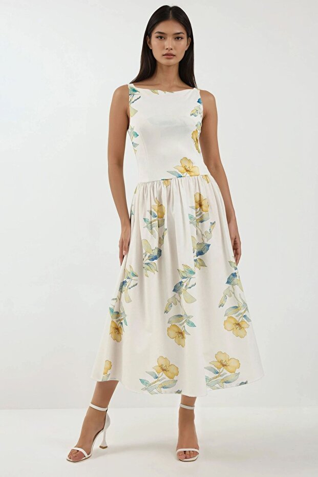 Kayık Yaka Baskılı Midi Elbise - 5