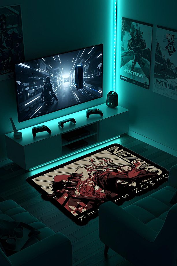 Özel Kesimli Desenli Anime & Gamer Halısı Kaymaz Taban Makinede Yıkanabilir Genç Odası Halısı - 5