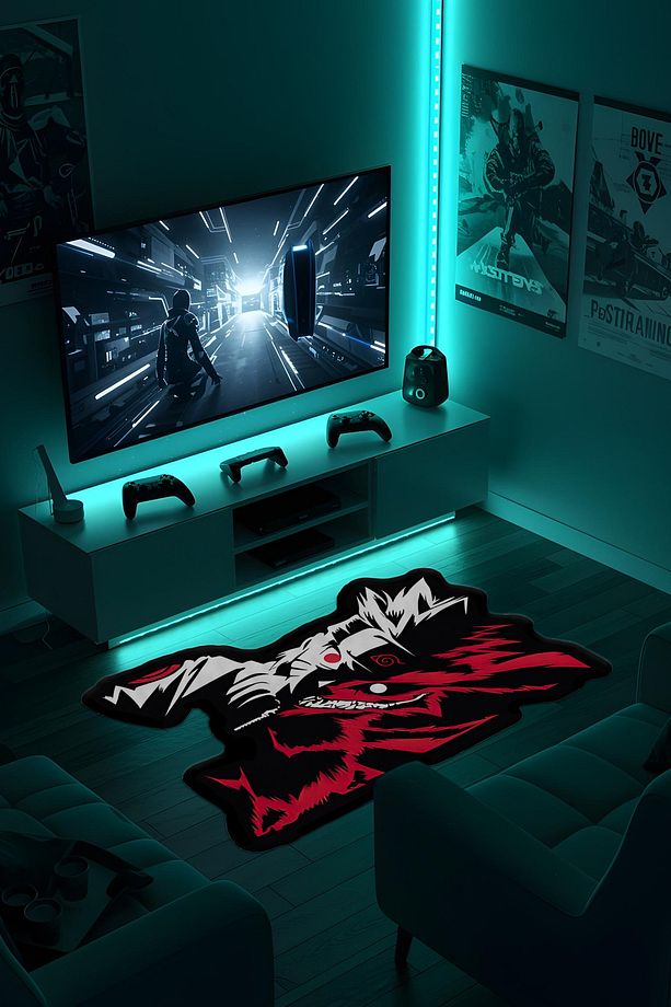 Özel Kesimli Desenli Anime & Gamer Halısı Kaymaz Taban Makinede Yıkanabilir Genç Odası Halısı - 5