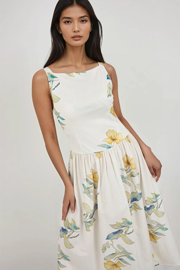 Kayık Yaka Baskılı Midi Elbise - 1