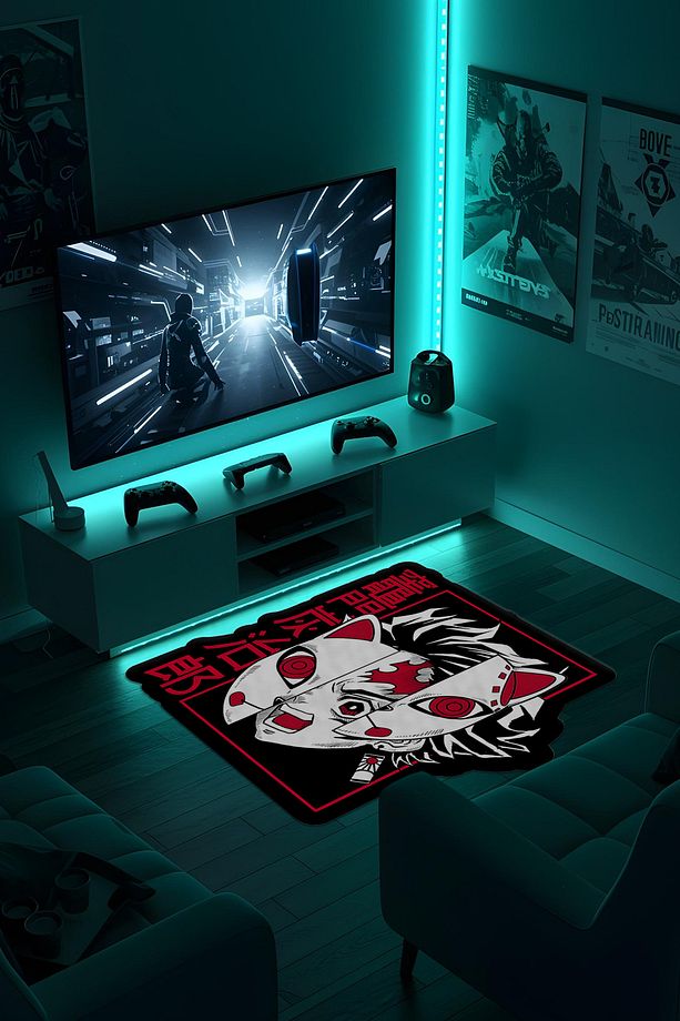 Özel Kesimli Desenli Anime & Gamer Halısı Kaymaz Taban Makinede Yıkanabilir Genç Odası Halısı - 5