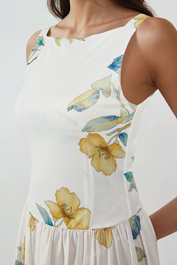 Kayık Yaka Baskılı Midi Elbise - 4