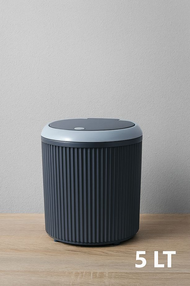 Çizgili Click Kapak Yuvarlak Çöp Kovası 5 Litre Banyo Mutfak Çöp Kutusu - 1