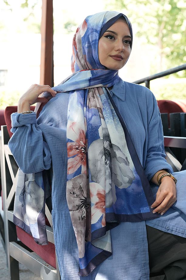 Manolya Çiçek Desen İndigo Soft Pamuk Şal - 4