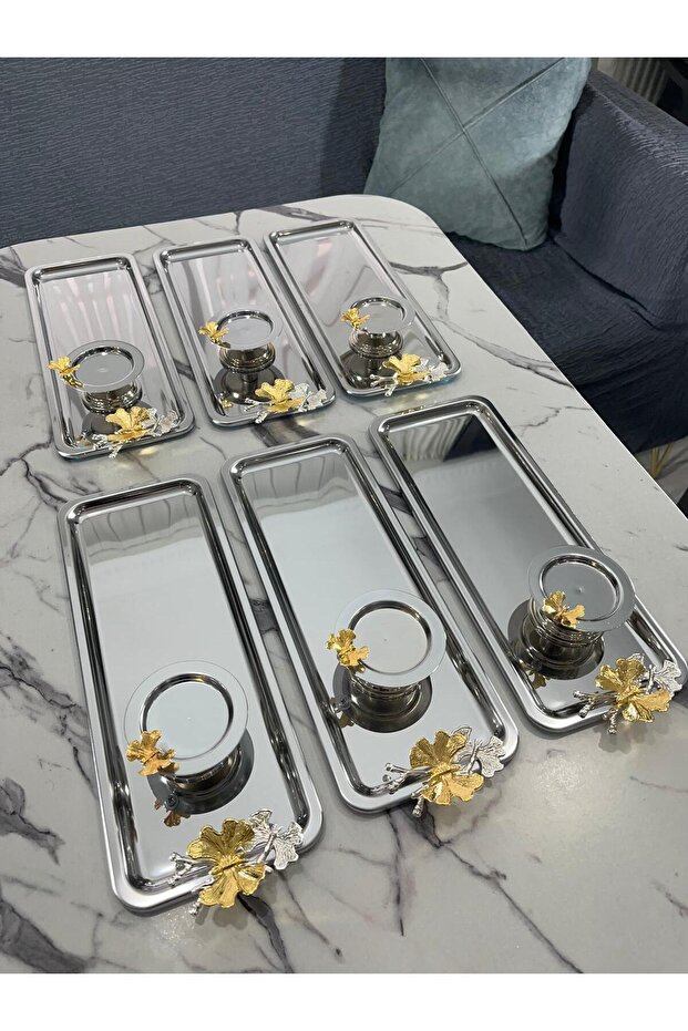 Baton 2 Different Models Silver 6-Piece Steel Serving Tray and Butterfly Macaron Stand