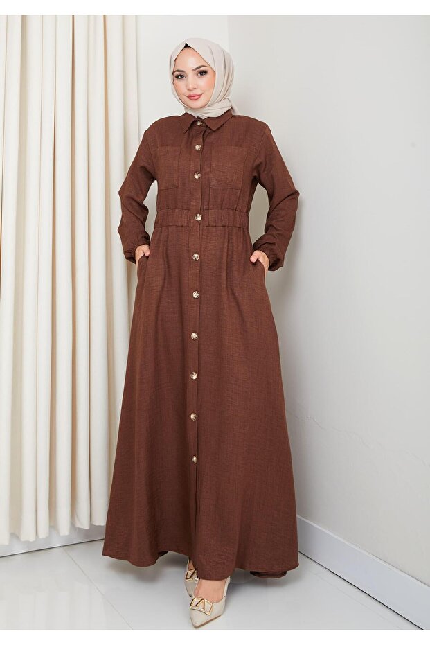 Women's Pocket Detailed Buttoned Belted Brown Linen Dress