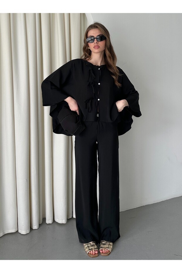 Black Collar Stitching Detail Blouse Pants Suit - 9002
