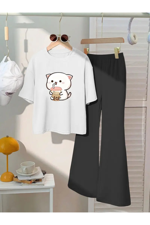 Children's Cat Printed T-Shirt Spanish Leg Tracksuit Set