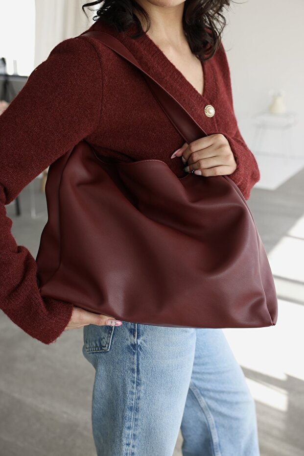 Women's Burgundy Large Size Soft Leather Hand and Shoulder Bag
