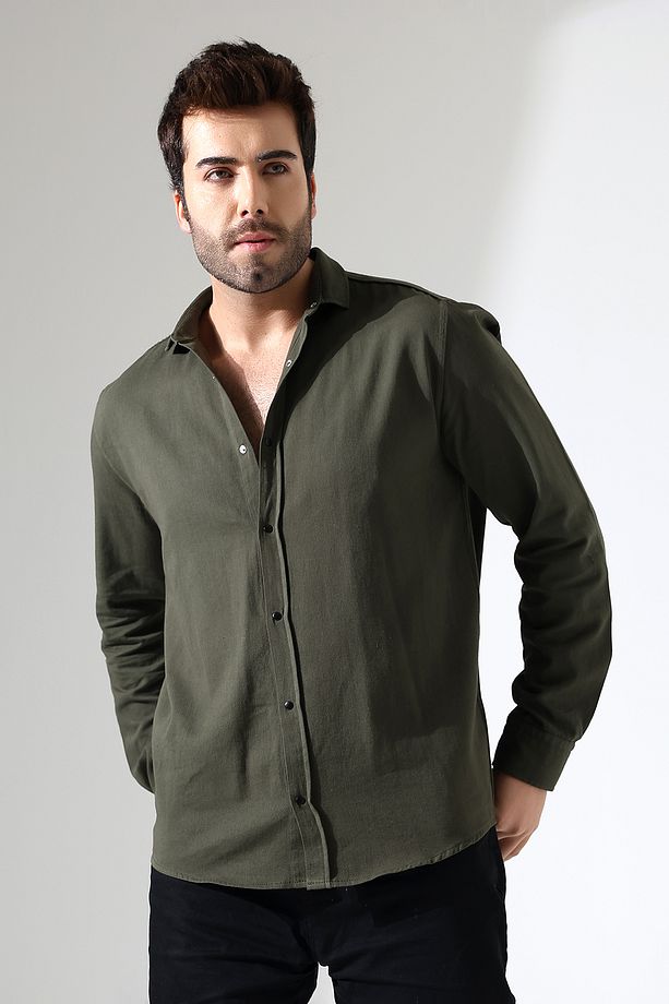 Erkek Gömlek Oversize Kalıp Gabardin Kumaş Çıt Çıt Bağlamalı Gömlek - 1