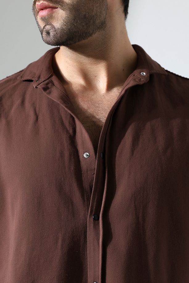 Erkek Gabardin Kumaş Çıt Çıt Bağlamalı Oversize Gömlek - 6