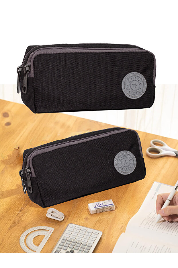 Double Eyed School Pen Holder Pencil Bag-311 Black Gray