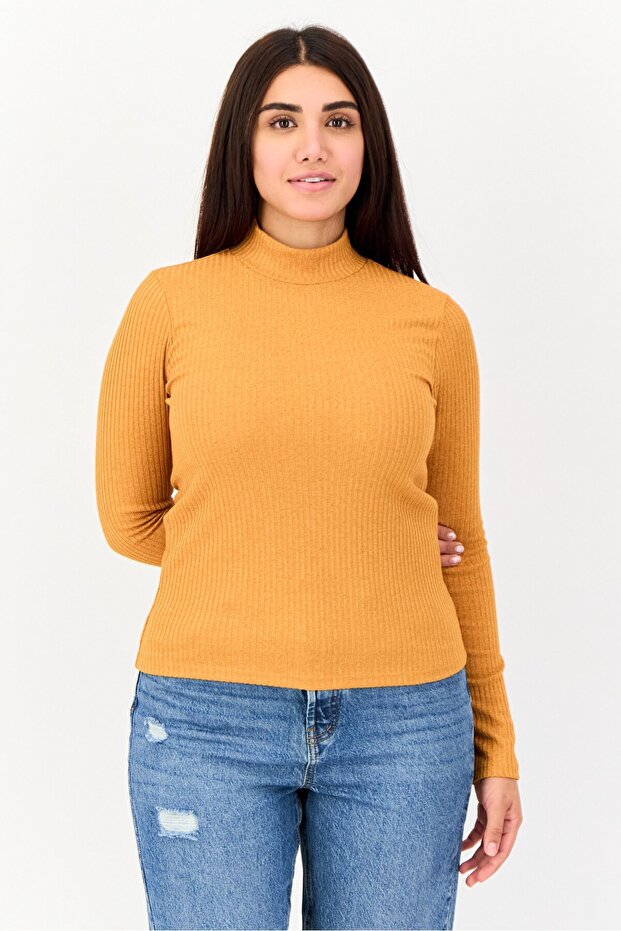 Women Mock Neck Long Sleeve Textured Top, Mustard