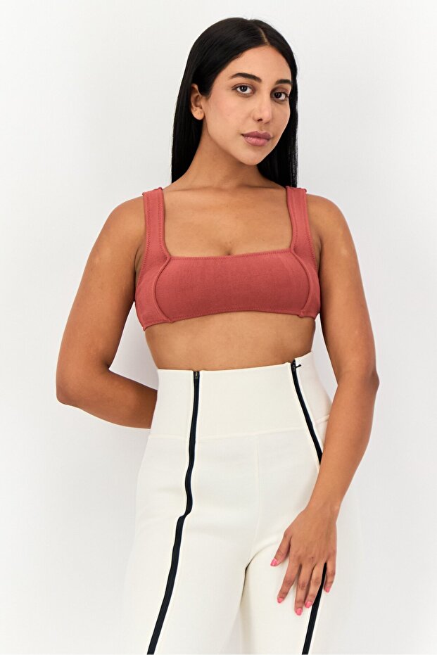 Women Square Neck Sleeveless Solid Brando Crop Top, Sienna Brown
