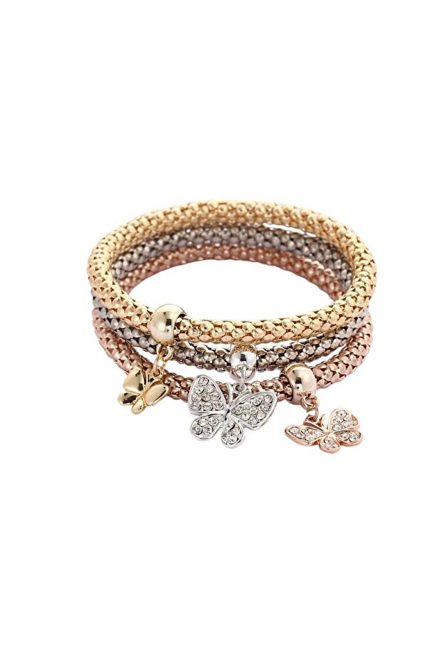 Triple-Tone Crystal Butterfly Charm Bracelets