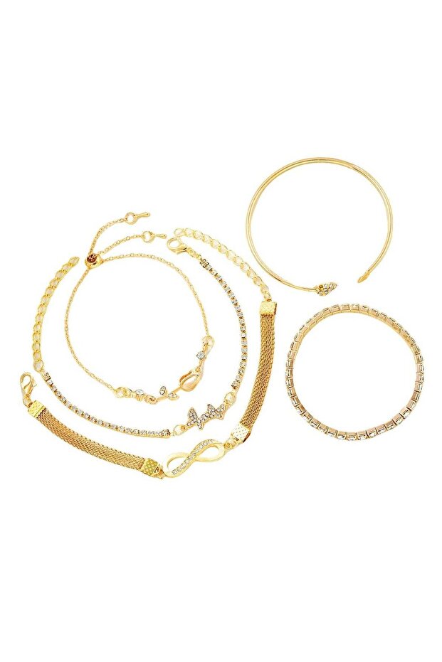 5-Piece Gold Color Crystal Bracelet Set Adjustable, Elegant Design