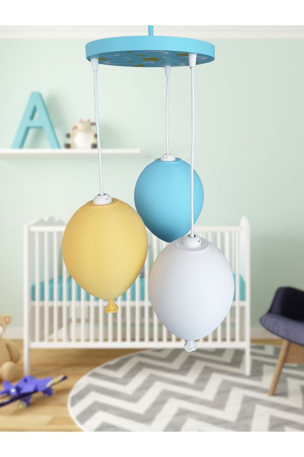 Çocuk odası balon avize seti, mavi sarı beyaz üçlü sarkıt, renkli tasarım - 4