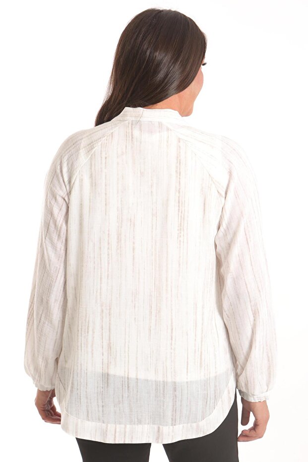 Trend42Plus Large Size Fabric Striped Oversize Ecru Jacket with Elastic Sleeves - 5