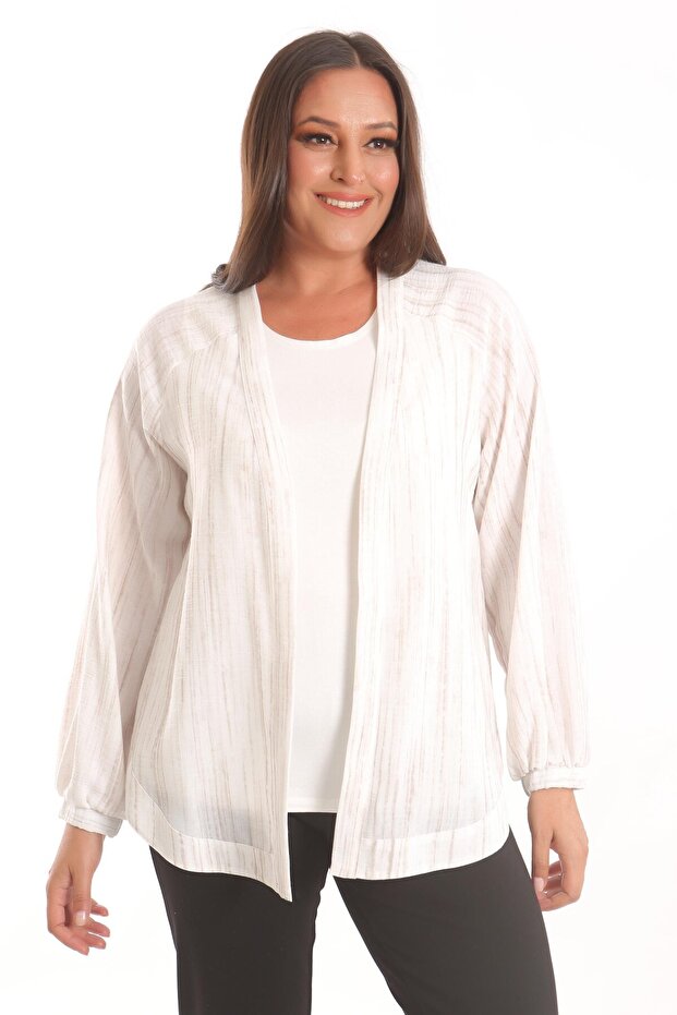 Trend42Plus Large Size Fabric Striped Oversize Ecru Jacket with Elastic Sleeves - 2