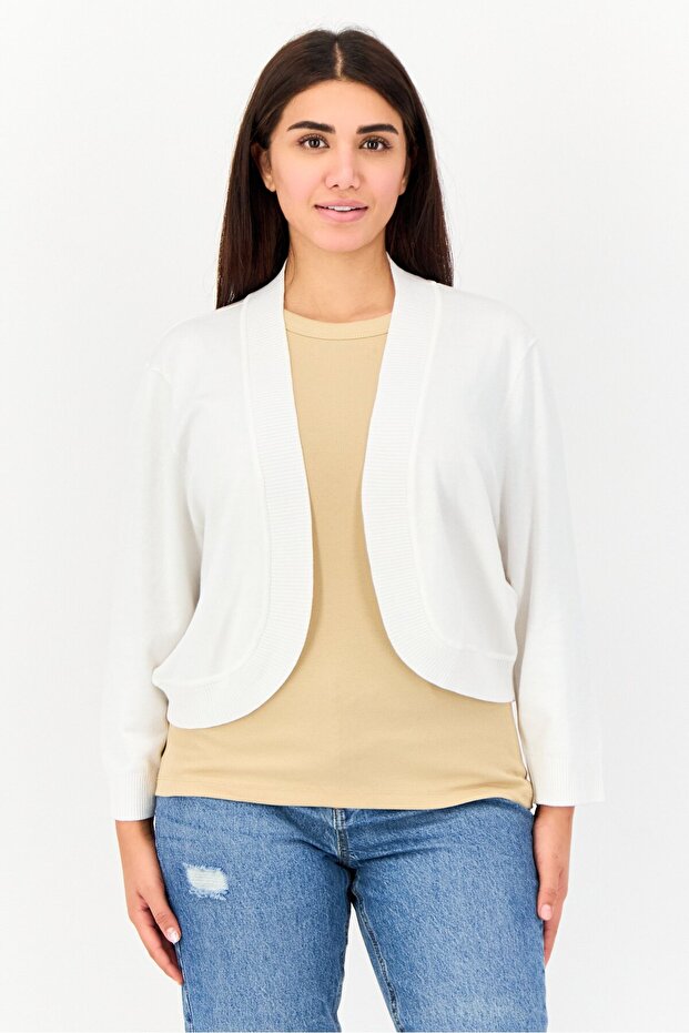 Women Split Neck Textured Cardigan, Ivory