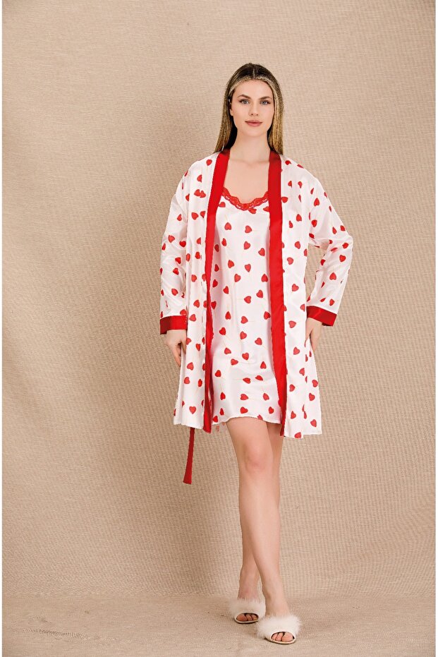 Heart Patterned, Suspended Satin Women's Nightgown 2-Piece Set