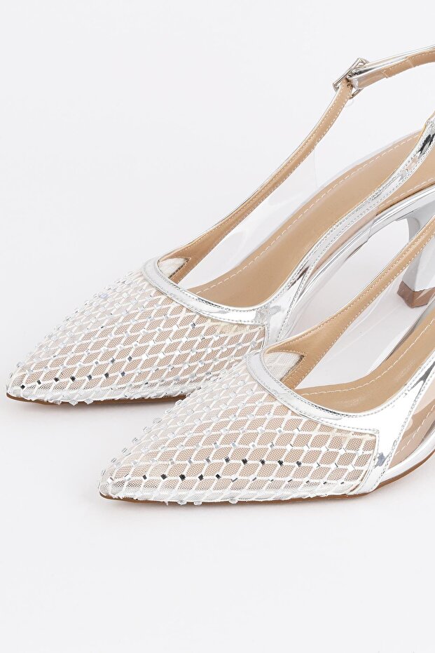 Women's Silver Mesh Stone Thin Heeled Evening Dress - Velexia