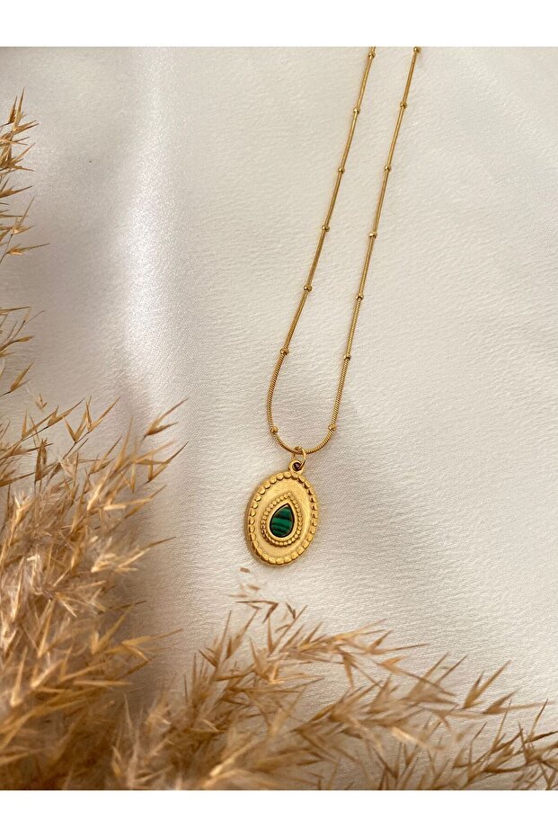 Oval Steel Necklace with Green Stone Detail