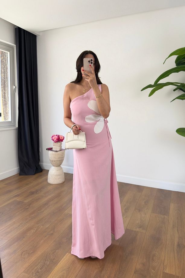 Rita Pembe Tek Omuz Pencere Detaylı Etek Astarlı Elbise - 1