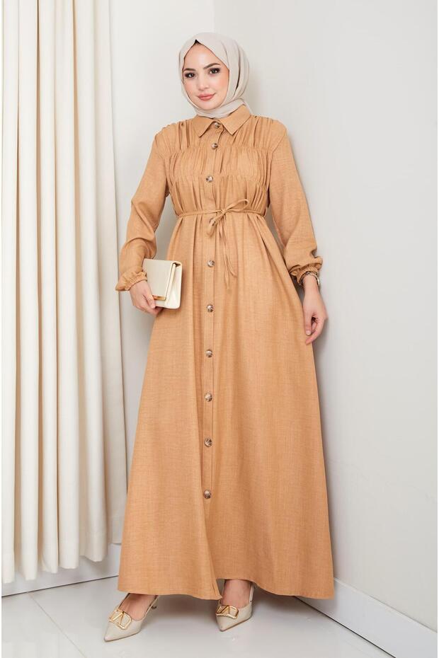 Women's Gathered Detailed Belted Buttoned Mustard Dress