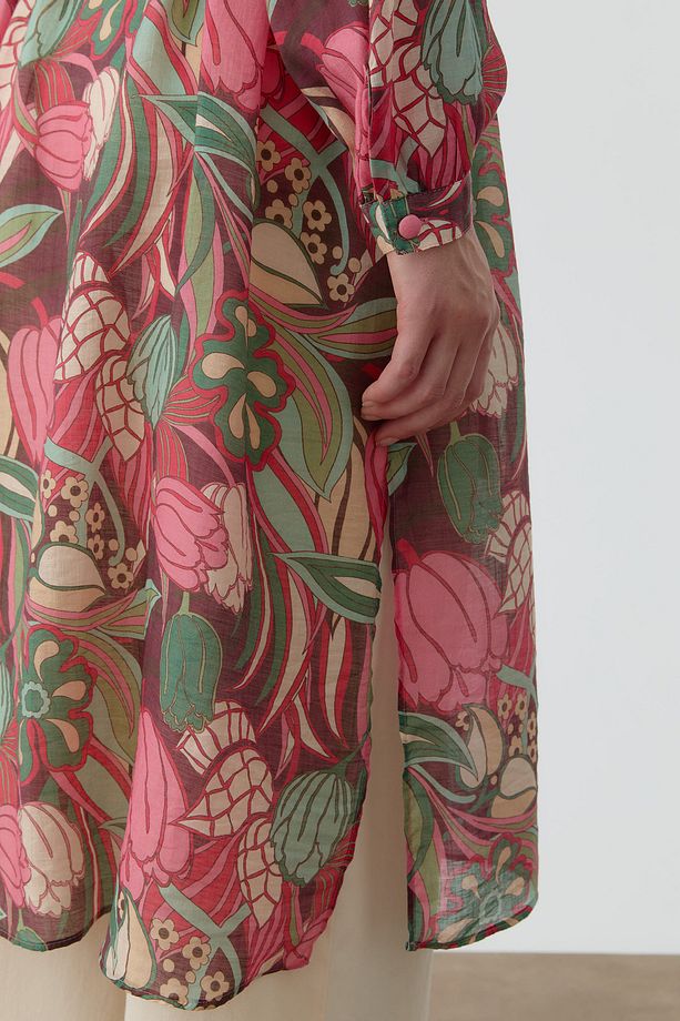 Robalı Çiçek Desenli Tunik - Pembe - 6